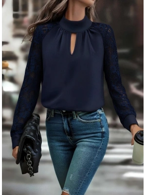 Kadın Uzun Kollu Göğüs Pencere Detay Yaka Boğazlı Kolları Tüllü Sandy Bluz