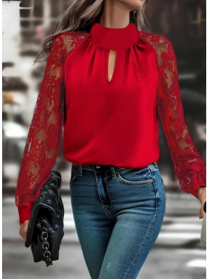 Kadın Uzun Kollu Göğüs Pencere Detay Yaka Boğazlı Kolları Tüllü Sandy Bluz