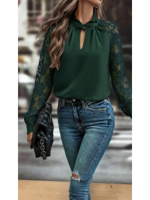 Kadın Uzun Kollu Göğüs Pencere Detay Yaka Boğazlı Kolları Tüllü Sandy Bluz