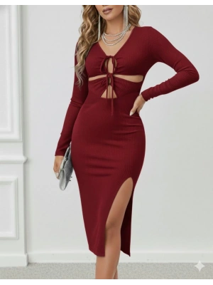 Kadın Uzun Kollu Göğüs Ve Göbek Dekolte Detay Sandy Midi Boy Elbise