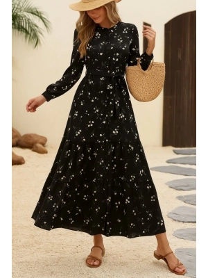 Kadın Uzun Kollu Hakim Yakalı Düğmeli Kuşaklı Desenli Maxi Mikro Süprem Elbise