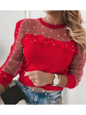 Kadın Uzun Kollu Inci Detaylı Tüllü Viskon Bluz