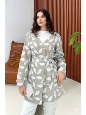 Kadın Uzun Kollu Kadın Uzun Kollu Yaprak Desen Kuşak Dahil Hırka