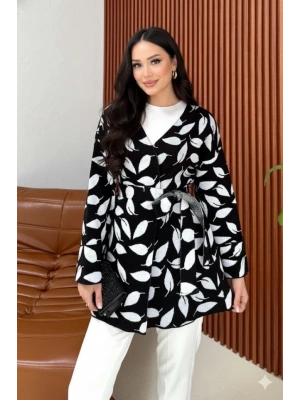 Kadın Uzun Kollu Kadın Uzun Kollu Yaprak Desen Kuşak Dahil Hırka