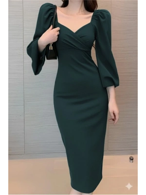 Kadın Uzun Kollu Kalp Yakalı Midi Ithal Krep Elbise