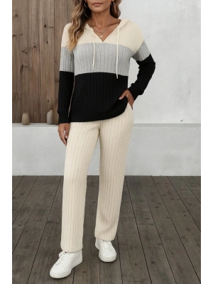 Kadın Uzun Kollu Kapşonlu Bağcıklı Blok Renkli şardonlu Kaşkorse Bluz Ve Pantolon Ikili Takım