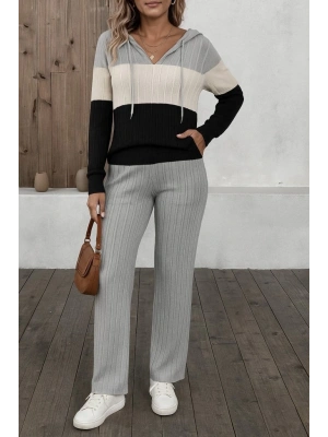 Kadın Uzun Kollu Kapşonlu Bağcıklı Blok Renkli şardonlu Kaşkorse Bluz Ve Pantolon Ikili Takım