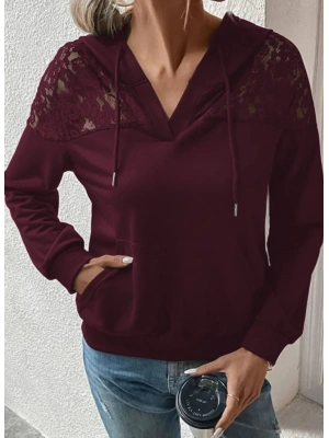 Kadın Uzun Kollu Kapşonlu Bağcıklı Dantelli Viskon Iki Iplik Bluz
