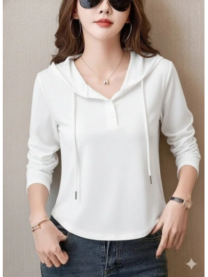 Kadın Uzun Kollu Kapşonlu Bağcıklı Düğmeli Viskon Iki Iplik Bluz