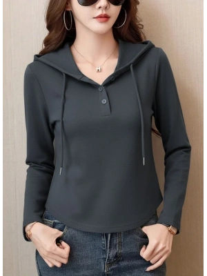 Kadın Uzun Kollu Kapşonlu Bağcıklı Düğmeli Viskon Iki Iplik Füme Bluz