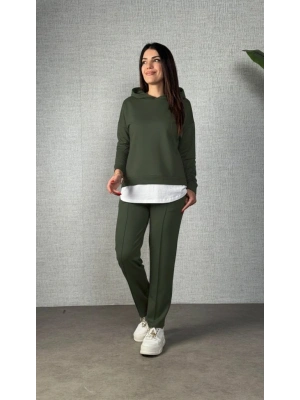 Kadın Uzun Kollu Kapşonlu Bağcıklı Viskon Iki Iplik Bluz Ve Pantolon Ikili Takım