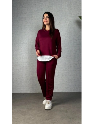 Kadın Uzun Kollu Kapşonlu Bağcıklı Viskon Iki Iplik Bluz Ve Pantolon Ikili Takım