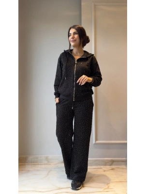 Kadın Uzun Kollu Kapşonlu Fermuarlı Taşlı önü Fermuarlı Viskon Iki Iplik Bluz Ve Eşofman Altı Ikili Takım