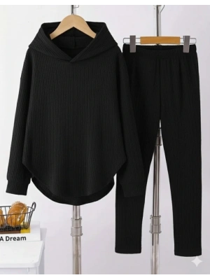 Kadın Uzun Kollu Kapşonlu Meloni Bluz Ve Pantolon Ikili Takım
