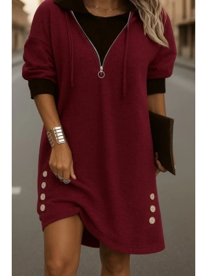 Kadın Uzun Kollu Kapşonlu önden Fermuarlı Düğmeli Mini Iki Iplik Elbise