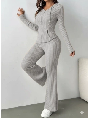 Kadın Uzun Kollu Kapşonlu önden Fermuarlı Kaşkorse Bluz Ve Pantolon Ikili Takım