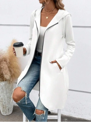 Kadın Uzun Kollu Kapşonlu önden Fermuarlı Midi Dalgıç Ceket