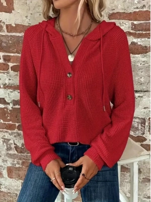 Kadın Uzun Kollu Kapşonlu önü Düğmeli Ve Bağcıklı Waffle Bluz