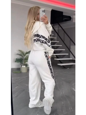 Kadın Uzun Kollu Kapşonlu önü Fermuarlı Leopar Desenli Modal Bluz Ve Pantolon Ikili Takım