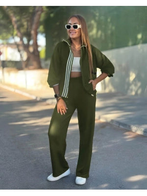 Kadın Uzun Kollu Kapşonlu Onu şerit Detaylı Fermuarlı Viskon Iki Iplik Bluz Ve Pantolon Ikili Takım