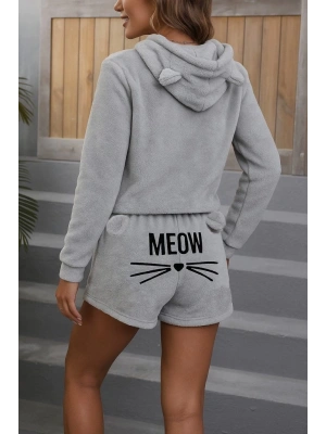 Kadın Uzun Kollu Kapşonlu Peluş Bluz Ve Kısa Short Ikili Takım