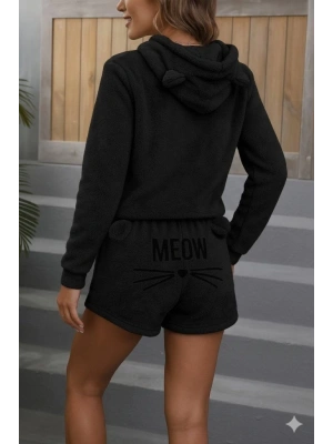 Kadın Uzun Kollu Kapşonlu Peluş Bluz Ve Kısa Short Ikili Takım