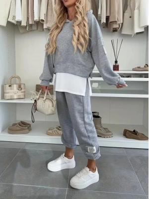 Kadın Uzun Kollu Kapşonlu Viskon Iki Iplik Bluz Ve Pantolon Ikili Takım