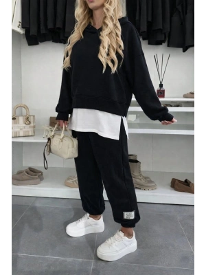 Kadın Uzun Kollu Kapşonlu Viskon Iki Iplik Bluz Ve Pantolon Ikili Takım