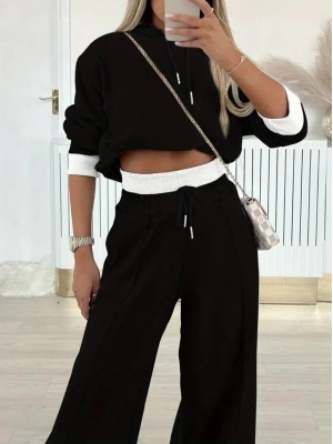 Kadın Uzun Kollu Kapşonlu Viskon Iki Iplik Bluz Ve Pantolon Ikili Takım