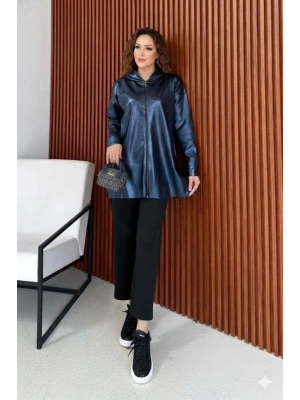 Kadın Uzun Kollu Kapüşon Detay Fermuarlı Tunik Hırka