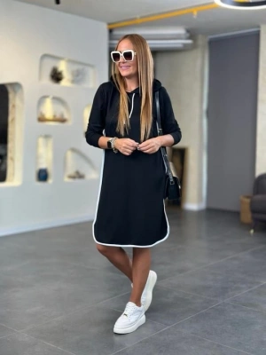 Kadın Uzun Kollu Kapüşon Ve Ribana Detay Diz üstü Elbise