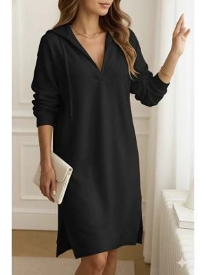 Kadın Uzun Kollu Kapüşonlu Yakası Açık Modal Elbise