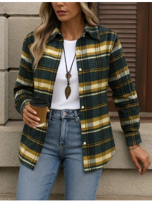 Kadın Uzun Kollu Kare Desenli önden Düğmeli Dokuma Gömlek