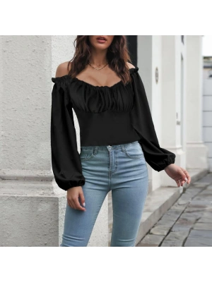 Kadın Uzun Kollu Kare Yaka Göğüs Büzgü Detay Sandy Bluz