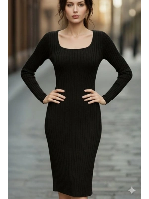 Kadın Uzun Kollu Kare Yakalı Midi şardonlu Kaşkorse Elbise