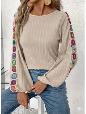 Kadın Uzun Kollu Kayık Yaka şardonlu Kaşkorse Bej Bluz