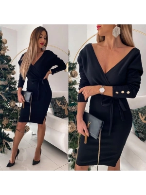 Kadın Uzun Kollu Kruvaze Yaka Bağcık Detay Akrilik Mini Boy Elbise