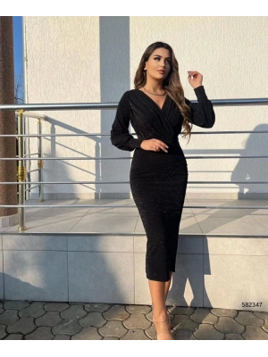 Kadın Uzun Kollu Kruvaze Yaka Büzgü Ve Balon Kol Detay Krep Kumaş Maxi Boy Simli Elbise