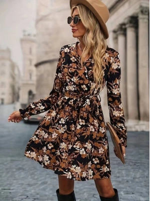 Kadın Uzun Kollu Kruvaze Yaka çiçek Desenli Dalgıç Elbise