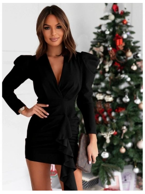 Kadın Uzun Kollu Kruvaze Yaka Karpuz Kol Eteği Fırfır Detay Krep Mini Elbise