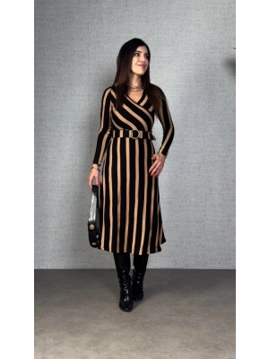 Kadın Uzun Kollu Kruvaze Yaka Kemer Dahil çizgili Triko Elbise