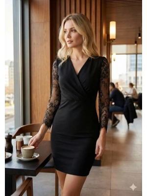 Kadın Uzun Kollu Kruvaze Yaka Kollar Tül Detay Krep Mini Boy Elbise