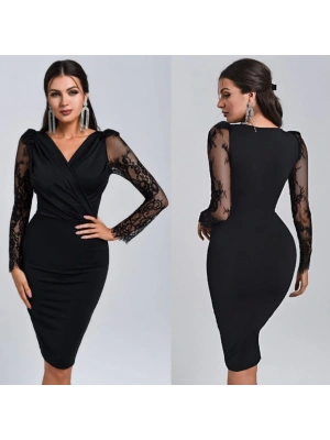 Kadın Uzun Kollu Kruvaze Yaka Kollar Tül Detay Ithal Krep Mini Boy Elbise