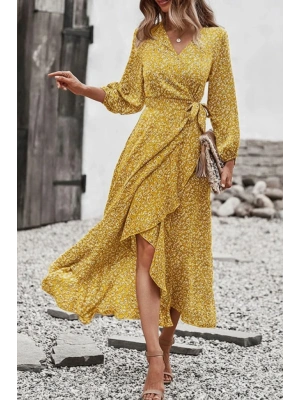 Kadın Uzun Kollu Kruvaze Yaka Yandan Bağlamalı önden Fırfır Detaylı Süprem Uzun Elbise