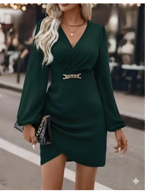 Kadın Uzun Kollu Kruvaze Yaka Yandan Büzgülü Asimetrik Detaylı Ithal Krep Mini Elbise