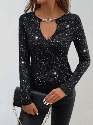 Kadın Uzun Kollu Kruvaze Yakalı Aksesuarlı Dalgıç Bluz