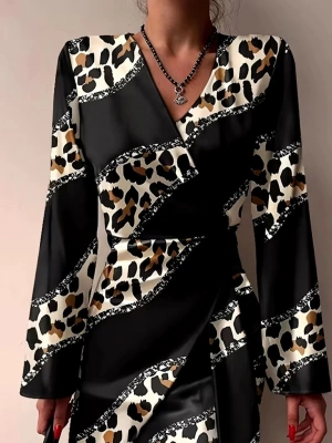 Kadın Uzun Kollu Kruvaze Yakalı Asimetrik Detaylı Mini Modal Elbise