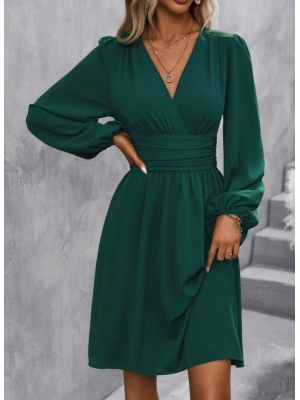 Kadın Uzun Kollu Kruvaze Yakalı Bel Korsajlı Mini Elbise