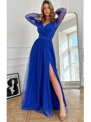 Kadın Uzun Kollu Kruvaze Yakalı Belden Kuşaklı Tüllü Uzun Ithal Krep Elbise