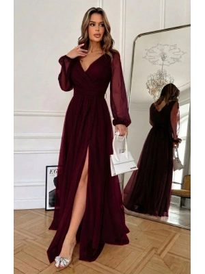 Kadın Uzun Kollu Kruvaze Yakalı Belden Kuşaklı Tüllü Uzun Ithal Krep Elbise